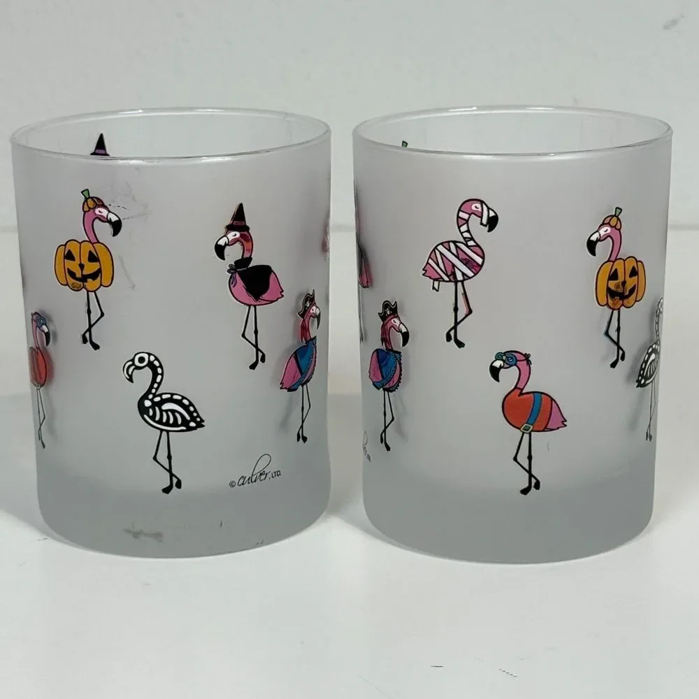 2 Culver Frosted Halloween Flamingos in Costumes Cocktail Glasses